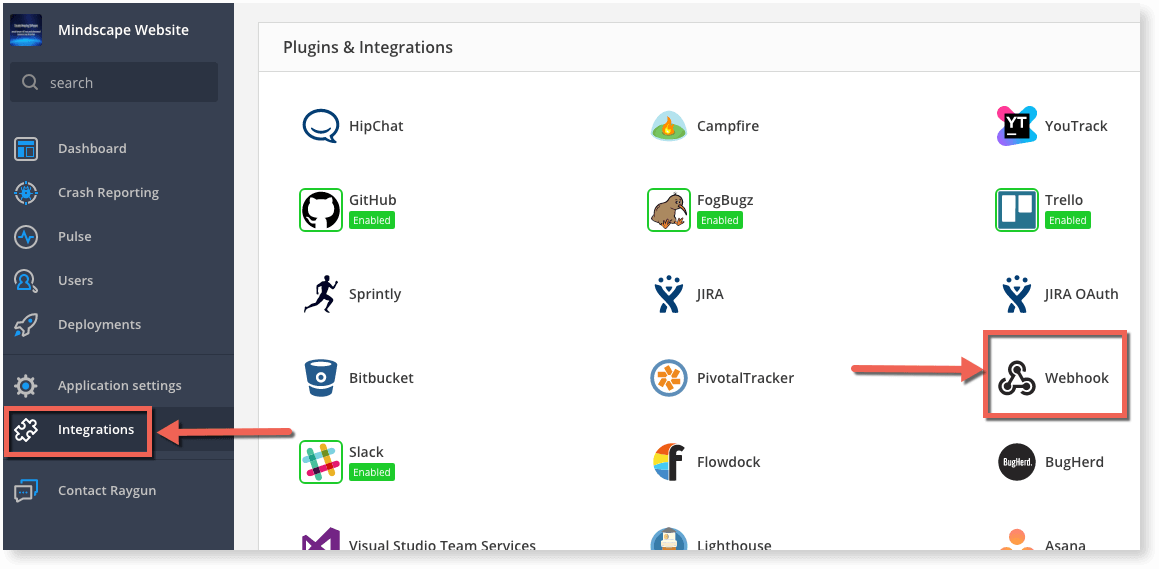 Raygun Webhooks integration - found in the left bar of the Raygun Crash Reportng menu