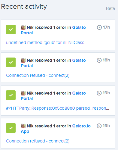 Recent activity feed in Raygun
