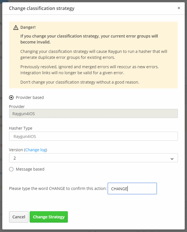 Change classification strategy