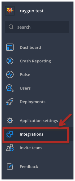 Raygun dashboard showing integrations tab