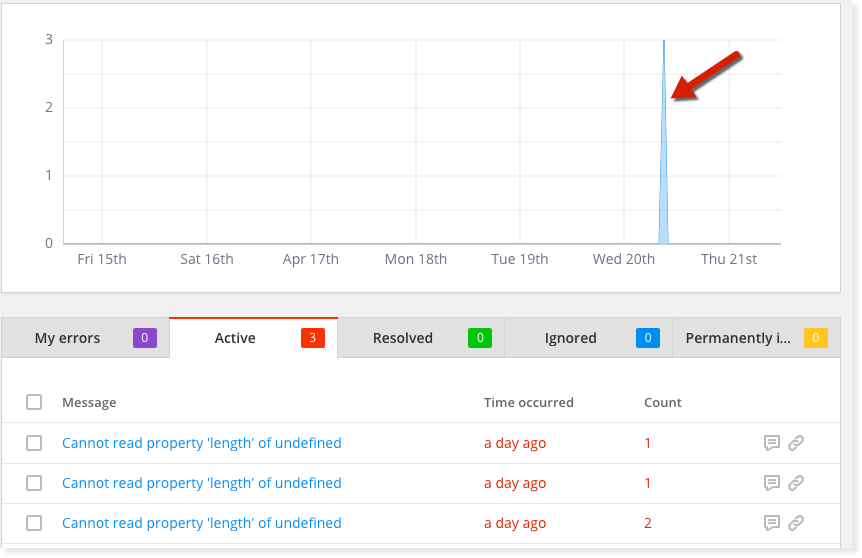 An image showing an error arriving in Raygun Crash Reporting 