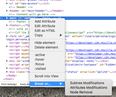 Break on node change to debug javascript