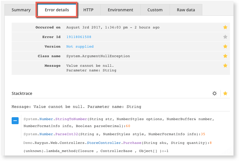 The error details page give the diagnostic information needed to fix software errors