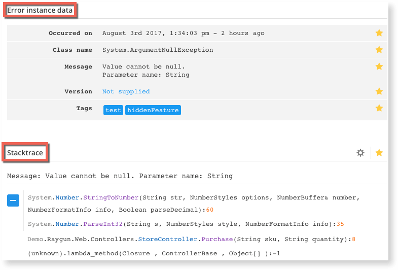 Error instance data and stack trace information give you the details you need to fix your errors
