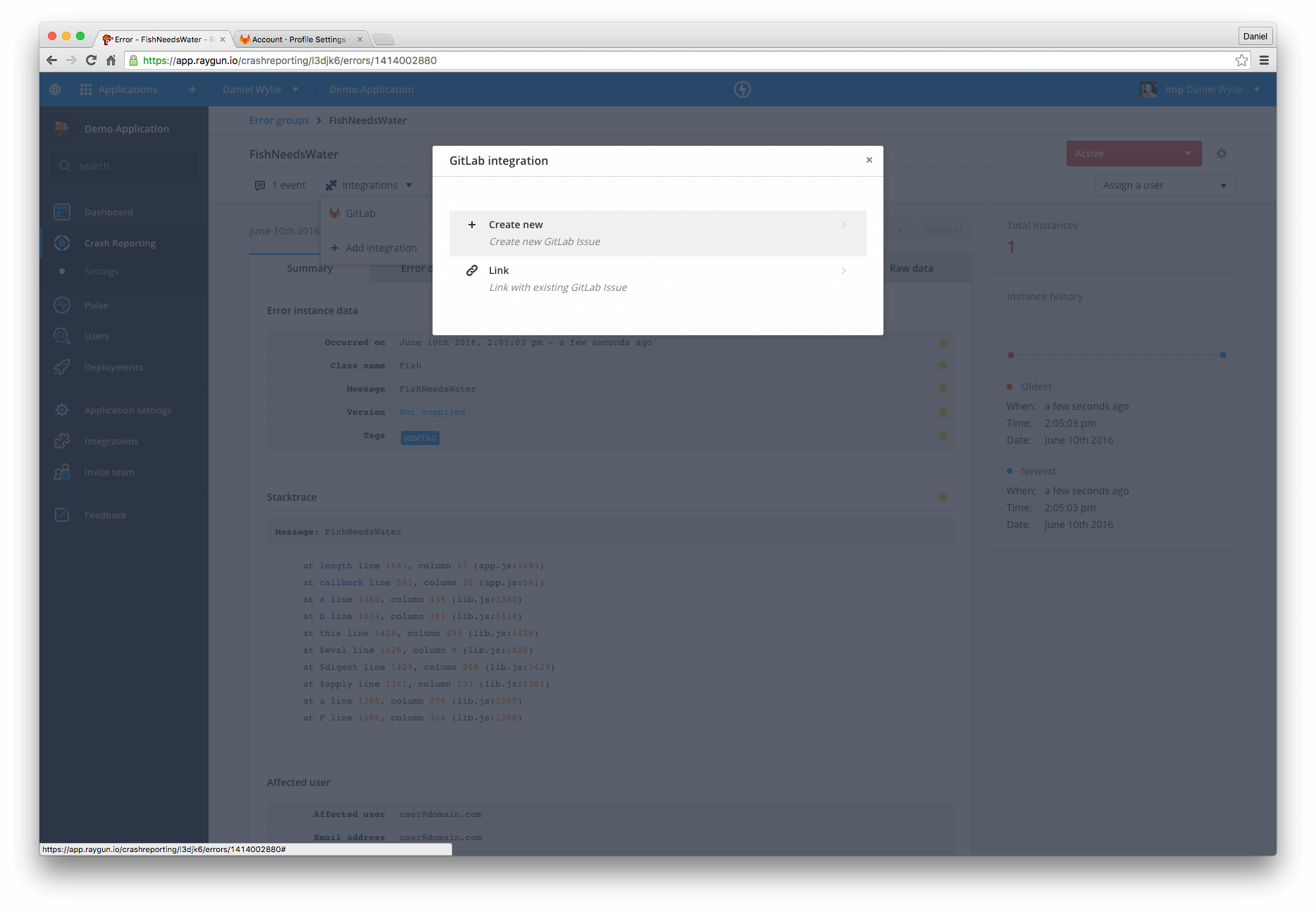 Raygun and Gitlab integration looking smooth inside the dashboard