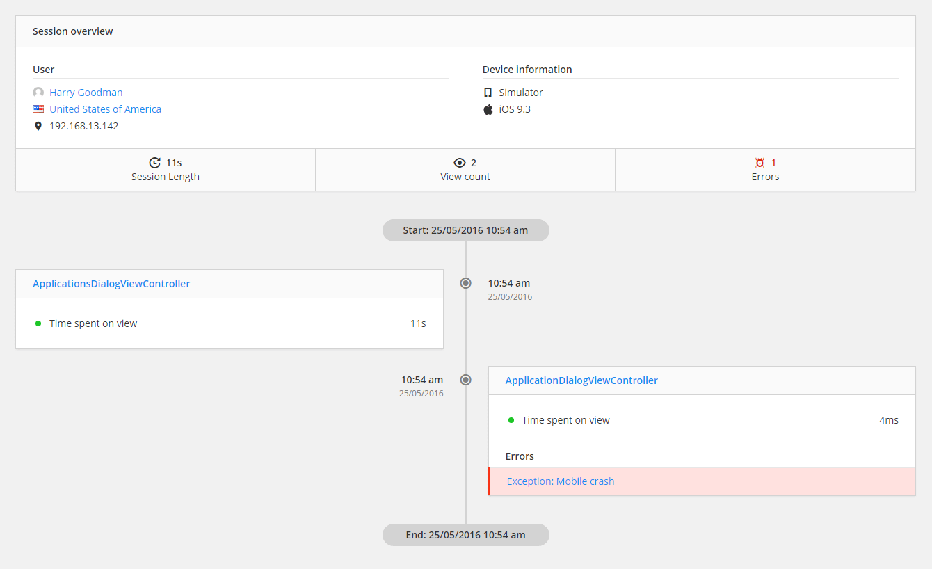 Pulse for mobile individual session view inside Raygun's real user monitoring for mobile's platform