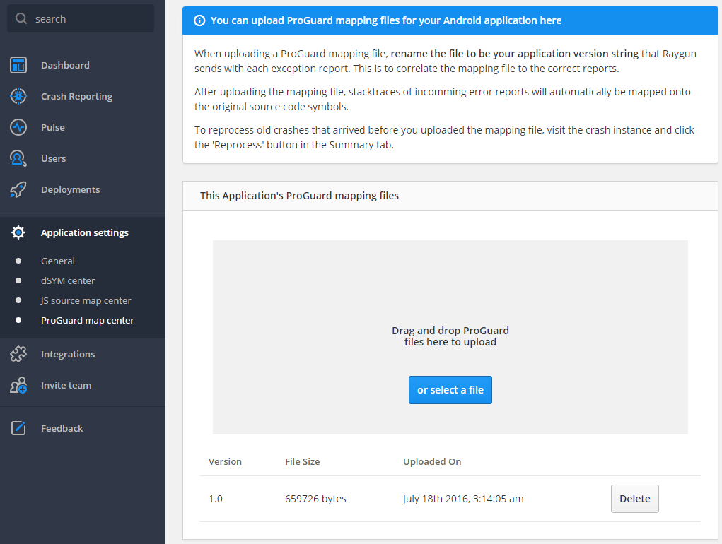 Raygun dashboard showing dropzone for obfuscated code