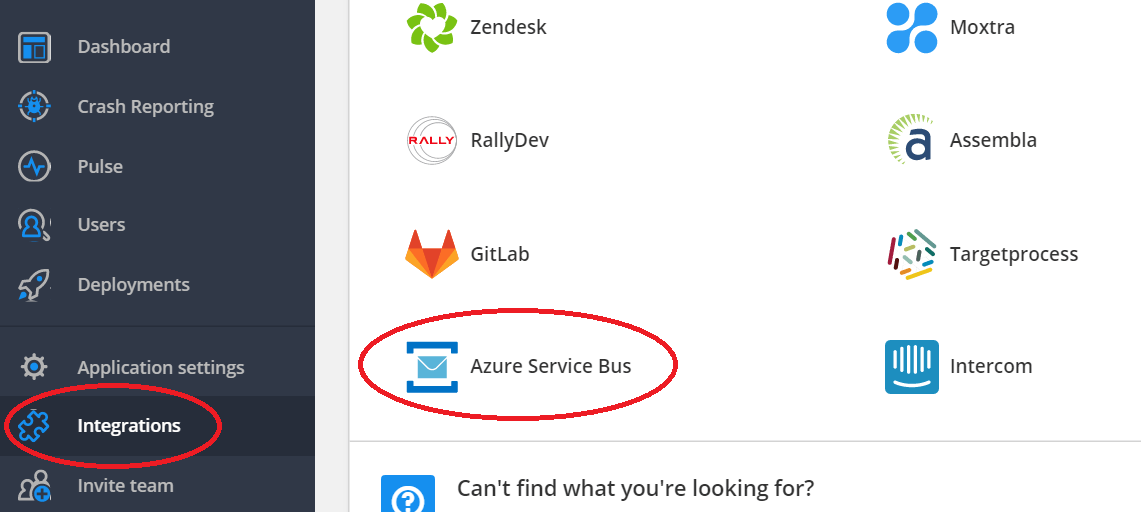 Azure Service Bus is plainly shown in the integrations menu in the Raygun dashboard