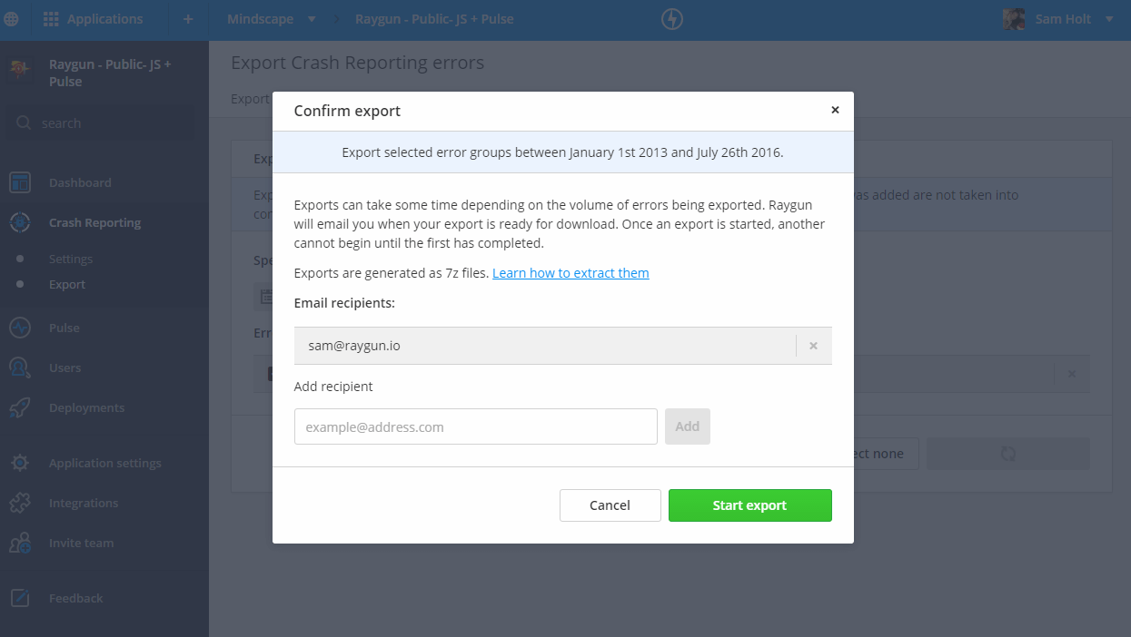 Confirm export to individual email addresses with 'export functions' 