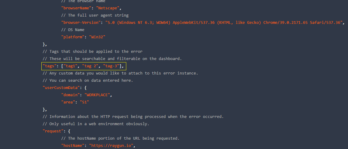 Image showing the Tag Payload when using the option to filter inbound crash reports