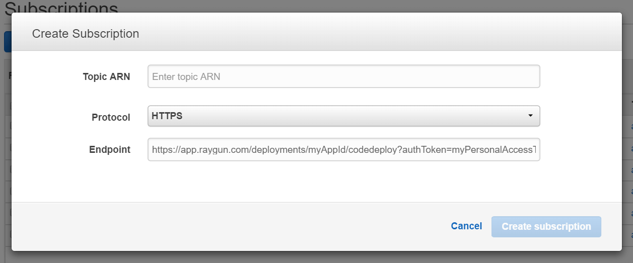 Add a new subscription by populating the ‘Topic ARN’ field to set up Raygun and AWS Code Deploy