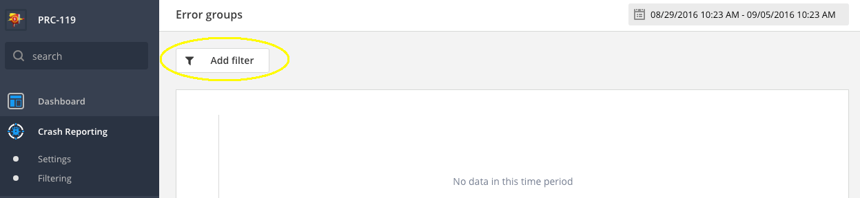 Raygun Add Filter button on dashboard