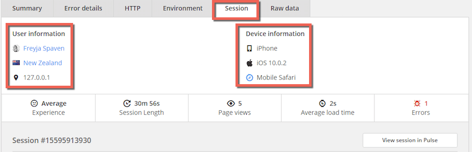 real user monitoring session inside Raygun crash reporting 