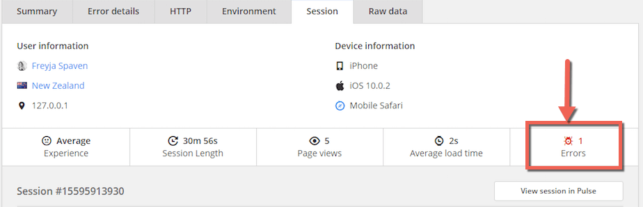  real user monitoring session inside Raygun crash reporting - error thrown 