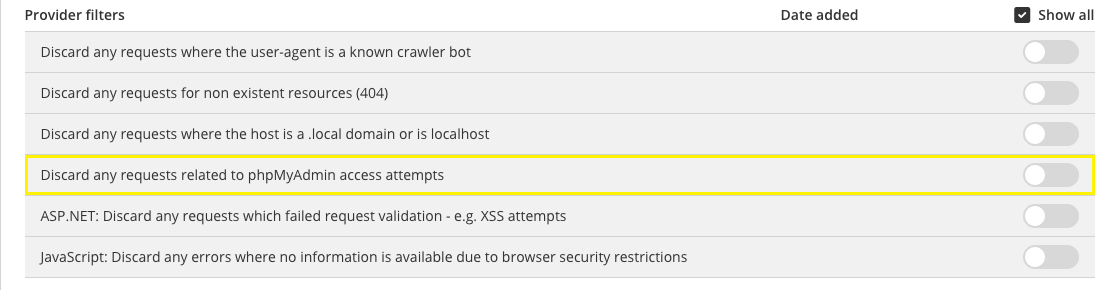 filter inbound errors by phpMyAdmin