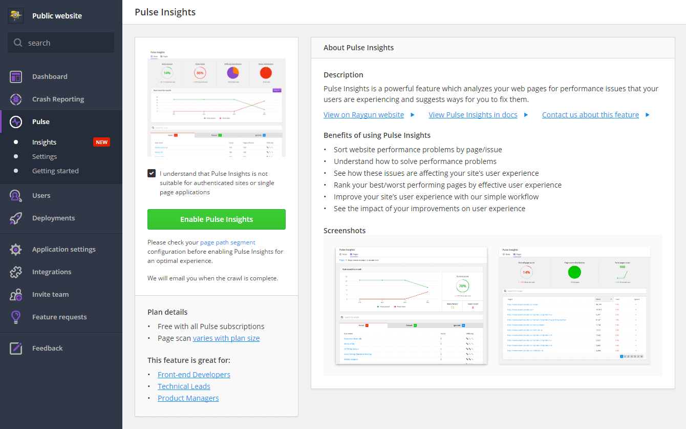enable Pulse Insights inside the Raygun dashboard