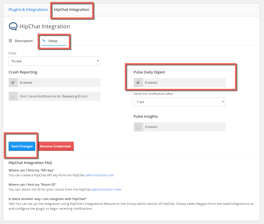 To begin the Raygun Real User Monitoring integrations with HipChat or Slack, click enable, then save changes