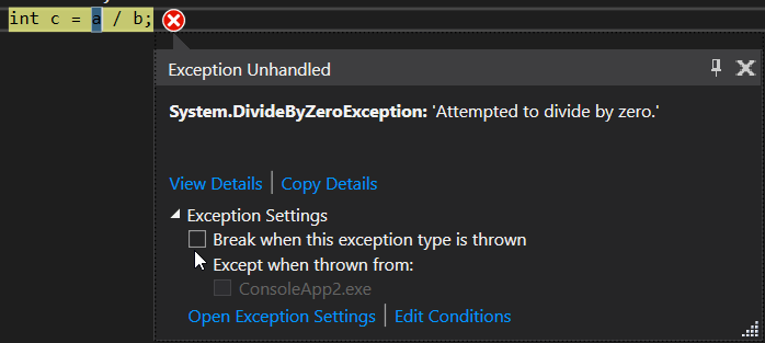 'unhandled exception' is one of the benefits of Visual Studio RC 2017