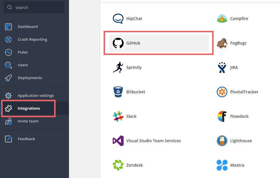 Head to the integrations tab to begin setting up the raygun and github enterprise integration