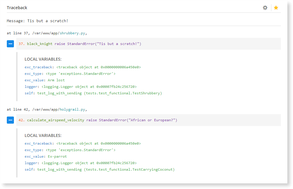 Raygun's stack trace design for Python