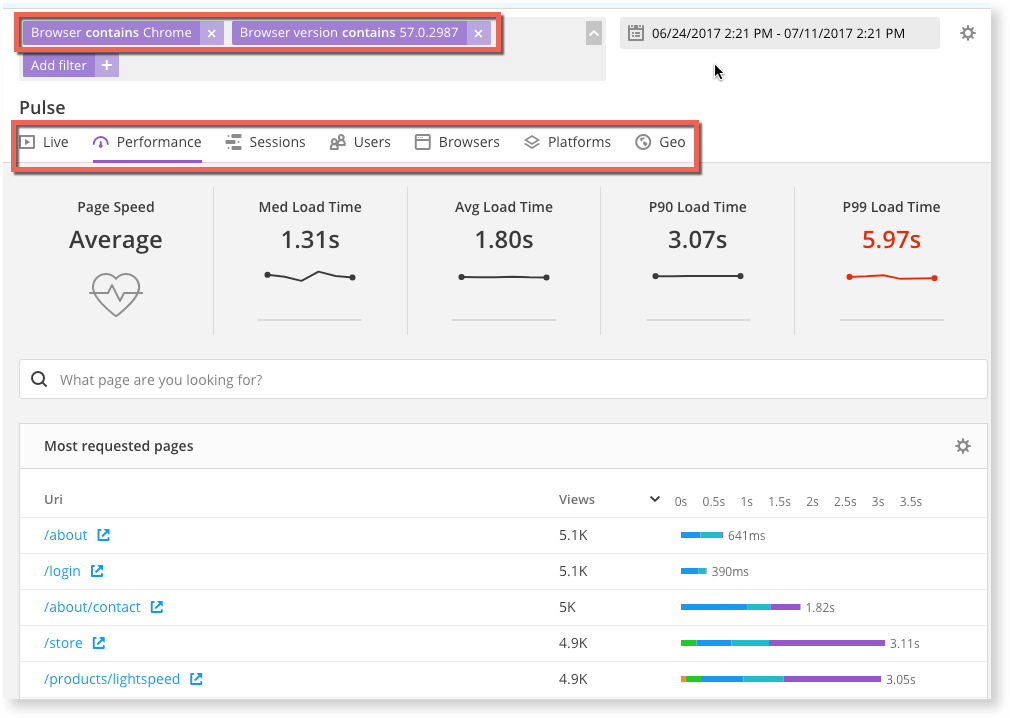 Browser and browser version are important metrics you can track with real user monitoring filters