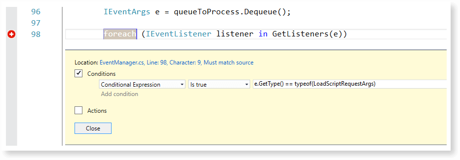 Visual Studio features: Conditional breakpoints