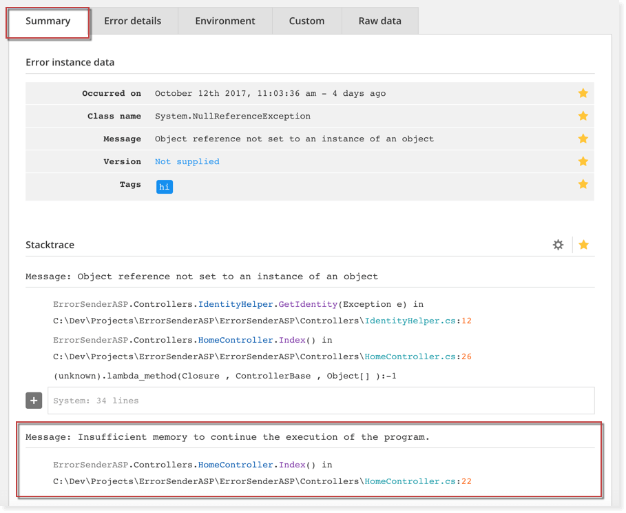 Raygun Crash reporting supports innererrors inside the stack trace