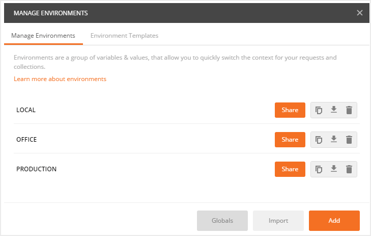 Screenshot showing the manage environments header